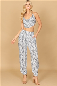 S16-3-3-SET04281-282-BLUE COWL NECK HALTER SNAKE PRINT TOP & PANTS SET 2-2-1