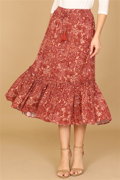 SA3-6-4-S06274-WINE PEACH RUFFLE TIERED PRINTED MIDI SKIRT 2-2-1