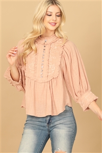 S13-12-4-T248-DUSTY PEACH BIB NECK FLORAL PATCH PUFF SLEEVE SOLID TOP 1-2-2