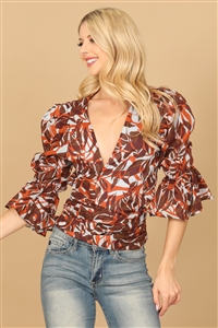 S5-2-4-T06156-RUST BLUE FLOUNCE SLEEVE WRAP PRINTED BACK RIBBON CROP TOP 2-2-1