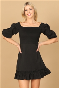 S5-10-3-D0656-BLACK PUFF SLEEVE SMOCKED RUFFLE HEM SOLID DRESS 2-2-1