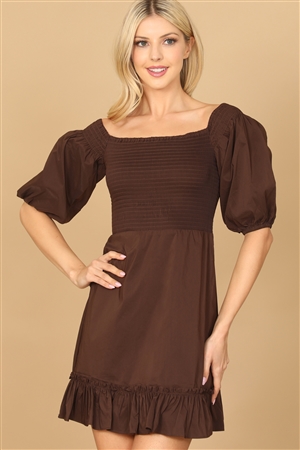 S11-6-4-D0656-BROWN PUFF SLEEVE SMOCKED RUFFLE HEM SOLID DRESS 1-4-2