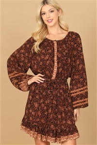 S7-10-4-D05407-BLACK RUST LONG PUFF SLEEVE CINCH WAIST DRESS 1-3-1