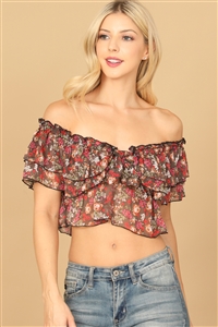 S12-6-3-T05378-BLACK FLORAL RUFFLE OFF SHOULDER CROP TOP 2-2-1