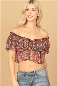 S7-10-4-T05378-BLACK FLORAL RUFFLE OFF SHOULDER CROP TOP 1-4-2