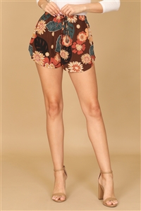 S12-6-3-S05374-BROWN RUST WAIST TIE FLORAL CURVE SHORT 2-1-1