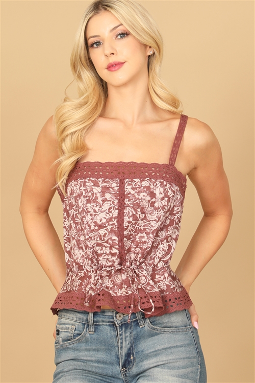 S7-10-4-T05311-MAUVE CREAM LACE DETAIL TIE FRONT FLORAL TOP 2-2-1