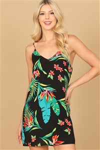 S13-2-4-D05213-BLACK TROPICAL SPAGHETTI STRAP V-NECK MINI DRESS 2-2-1