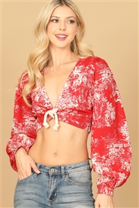 S7-10-4-T05271-RED CREAM LONG PUFF SLEEVE TIE FRONT PRINTED TOP 1-2-1