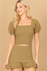 S12-7-3-SET188-187-OLIVE SQUARE NECK PUFF SLEEVE SHIRRING TOP & SHORT SET 0-3-1