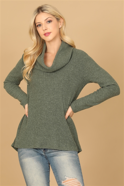 C82-A-1-T6992-OLIVE  LONG SLEEVE COWL NECK RIBBED TOP 2-2-2