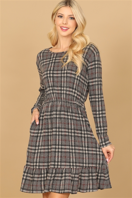 S16-1-2-D16737-GREY BLACK LONG SLEEVE PLAID RUFFLE HEM DRESS 2-2-2