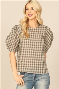 S5-10-4-T0577-OLIVE PLAID HALF PUFF SLEEVE TOP 0-2-1