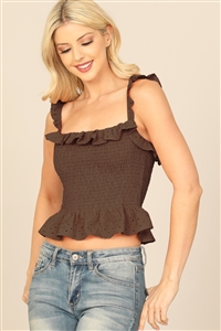 S5-10-4-T0522-BROWN EYELET SMOCKED RUFFLE LACE CROP TOP 0-2-1