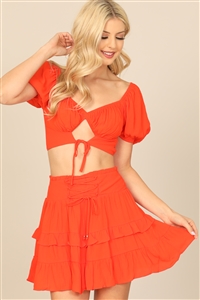 S15-3-4-SET00947-948-ORANGE PUFF SLEEVE FRONT CUT-OUT CROP TOP & RUFFLE SKIRT SET 2-2-1