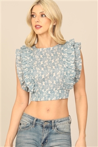 S16-3-4-T00915-BLUE IVORY DOUBLE RUFFLE SLEEVE FLORAL CROP TOP 2-2-1