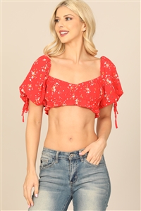 S5-8-4-T00699-RED FLORAL PUFF SLEEVE FLORAL RUFFLE CROP TOP 1-2-1