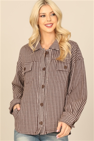 S8-8-2-J90124-BROWN BEIGE HOUNDSTOOTH LONG SLEEVE BUTTON DOWN JACKET 2-2-2