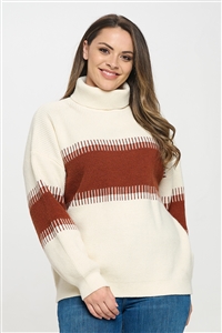 S16-2-2-S2441X-IVORY BROWN PLUS SIZE TURTLE NECK CONTRAST RIBBED SWEATER 4-2-1