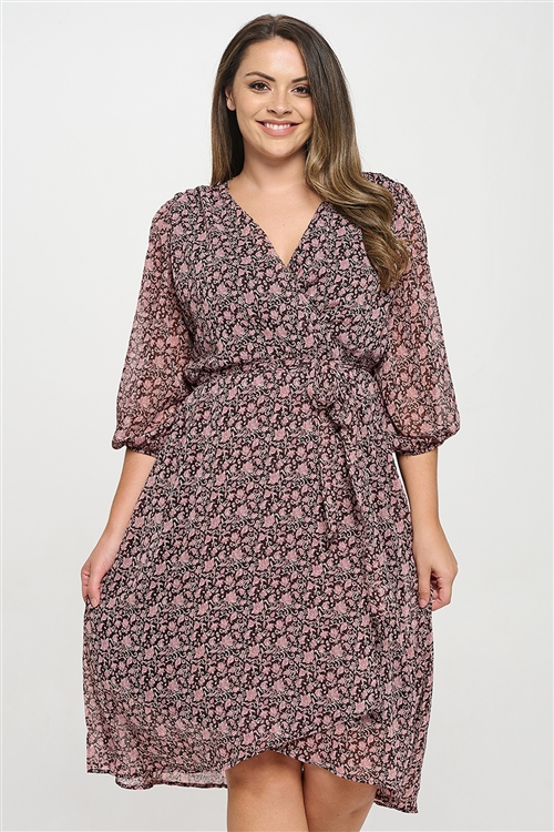 S16-2-2-D19007X-BROWN MAUVE PLUS SIZE HALF PUFF SLEEVE WRAP WAIST TIE PRINTED DRESS 0-1-1