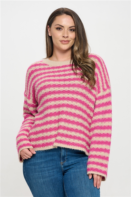 S12-5-1-S1062X-TAUPE MAGENTA KNITTED STRIPE SWEATER 3-2-1