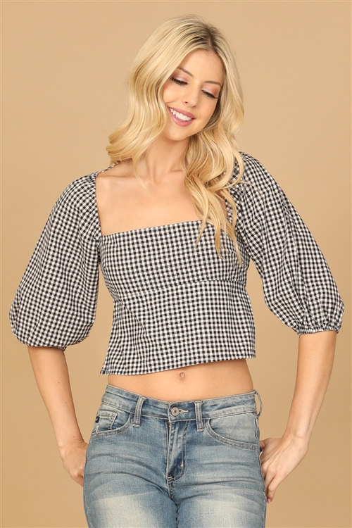 S12-5-4-T00750-BLACK WHITE PLAIDED HALF PUFF SLEEVE BACK TIE CROP TOP 2-1-1