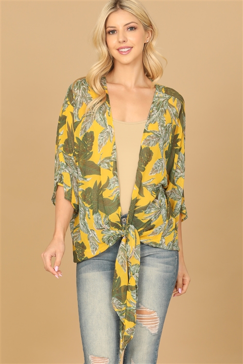 S4-9-4-C00464-YELLOW GREEN HALF SLEEVE HEM KNOT LEAF PRINT CARDIGAN 1-2-1