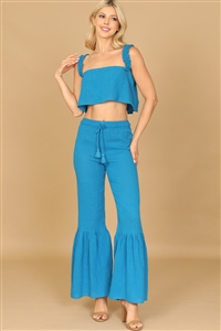 S12-6-1-SET00563-564-TURQUOISE RUFFLE STRAP FLOWY CROP TOP & FLOUNCE PANTS SET 2-2-1