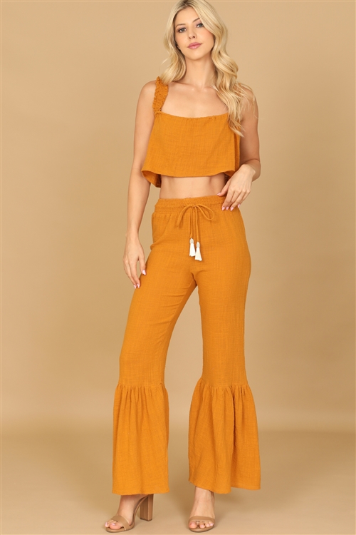 S10-5-2-SET00563-564-MUSTARD RUFFLE STRAP FLOWY CROP TOP & FLOUNCE PANTS SET 2-2-1