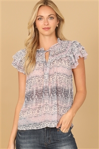 SA4-00-2-T00265-NAVY PINK FLUTTER SLEEVE KEYHOLE TIE NECK PRINTED TOP 2-2-1