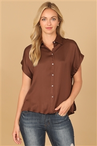 S7-3-4-T0026-BROWN CAP SLEEVE COLLARED BUTTON DETAIL SATINY TOP 2-2-1