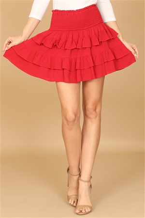 S8-3-4-S03106-RED SMOCKED WAIST RUFFLE LAYERED HEM SKIRT 1-2-1