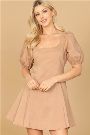 S9-3-2-D03101-LT.BROWN PUFF SLEEVE SCOOP NECK A-LINE DRESS 2-2-1