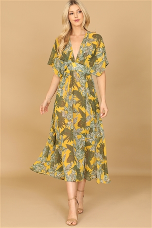 S16-14-5-D00268-MUSTARD GREEN DEEP NECK DOLMAN SLEEVE SIDE SLIT LEAFY MIDI DRESS 1-2-1