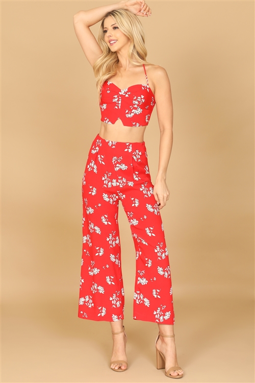 S16-11-4-SET02257-258-RED WHITE SPAGHETTI STRAP FLORAL CROP TOP & PANTS SET 2-2-1