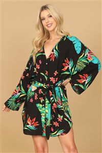 S10-14-3-D02212-BLACK TROPICAL LONG SLEEVE BUTTON DOWN WAIST TIE CURVE HEM MINI DRESS 2-2-1