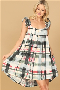 S6-7-3-D02174-GREEN MULTI RUFFLE STRAP PLAID HIGH-LOW MINI DRESS 2-2-1