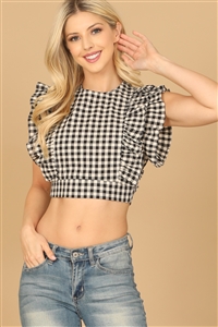 S10-7-4-T02121-BLACK NATURAL RUFFLE SLEEVE CHECKERED CROP TOP 2-2-1