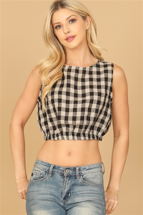 S9-5-4-T0216-BLACK TAUPE SLEEVELESS PLAID ELASTIC CROP TOP 2-2-1