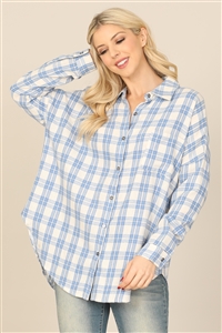 S10-8-1-T1207-BLUE SEAMLESS PLAID LONG SLEEVE BUTTON DOWN TOP 3-2-1