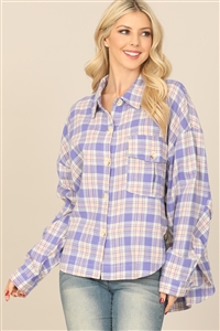 S15-7-2-T1263-LAVENDER SEAMLESS PLAID LONG SLEEVE BUTTON DOWN POCKET PATCH CURVE HEM TOP 0-2-1