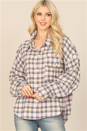 S10-6-1-T1263-PINK SEAMLESS PLAID LONG SLEEVE BUTTON DOWN POCKET PATCH CURVE HEM TOP 3-2-1