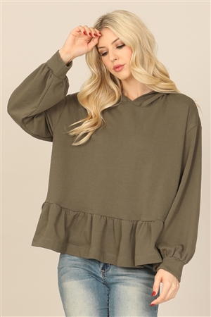 S14-3-2-T13292-OLIVE HOODIE LONG PUFF SLEEVE RUFFLED HEM PEPLUM TOP 2-2-2-2