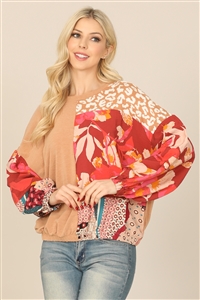 S9-4-4-T14267-CAMEL MULTI PRINT LONG PUFF SLEEVE TOP 1-2-2-2