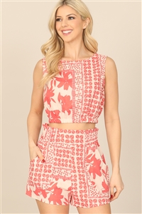 S16-13-2-SET01249-250-CORAL IVORY PRINTED SLEEVELESS CROP TOP ELASTIC WAIST SHORT SET 2-2-1