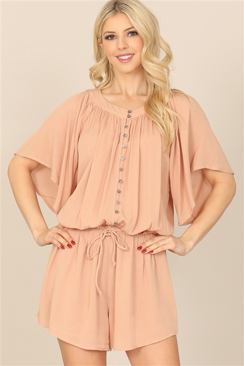 S15-8-4-R01194-APRICOT BUTTON DETAIL BELL SLEEVE WAIST TIE SOLID ROMPER 2-1-1