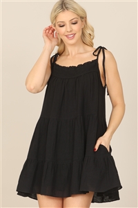 SA4-7-4-D01103-BLACK TIE STRAP SMOCKED RUFFLE NECK TIERED SOLID MINI DRESS 1-2-1