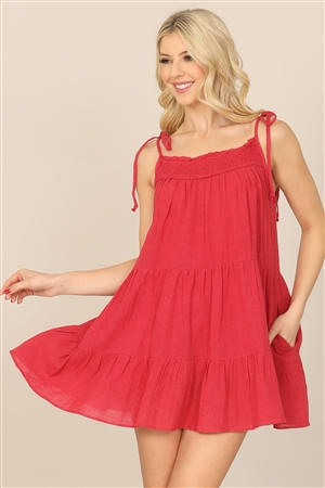 SA4-7-4-D01103-RED TIE STRAP SMOCKED RUFFLE NECK TIERED SOLID MINI DRESS 1-3-1