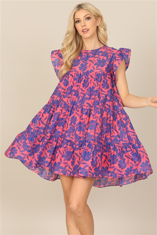 S16-8-2-D01175-PINK COBALT BUTTERFLY SLEEVE FLORAL TIERED MINI DRESS 2-2-1