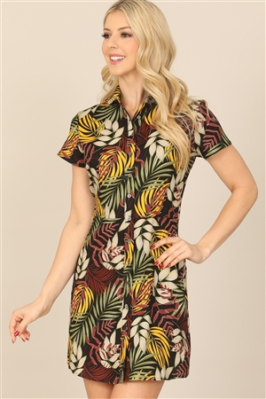 S16-3-4-D0162-BLACK TROPICAL SHORT SLEEVE COLLARED BUTTON DOWN MINI DRESS 1-4-2